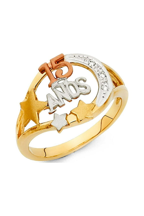 Star 15 Anos Ring Solid 14k Yellow White Rose Gold Quince CZ Stars Band Stylish Polished Fancy, Size 6