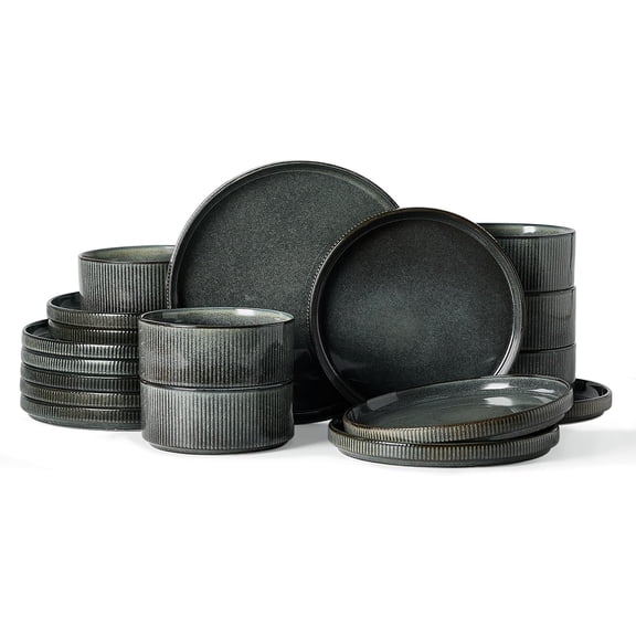 Star 18-Piece Reactive Glaze Plates and Bowls Sets, Service for 6 - Stoneware Dinnerware with Trim, Modern Rustic Dishes, Chip & Scratch Resistant, Microwave & Dishwasher Safe, Deep Forest