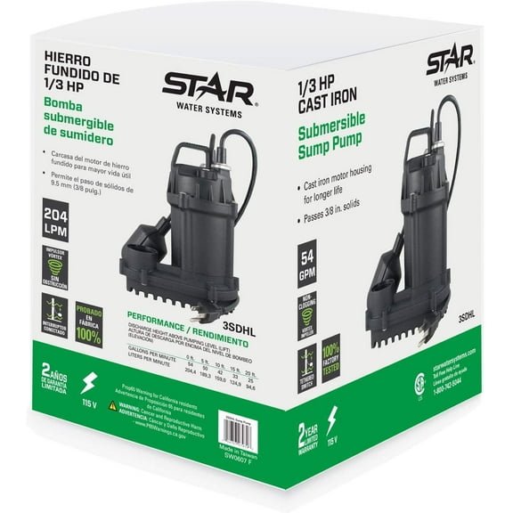 Star 3SDHL Cast Iron 1/3 HP Submersible Sump Pump with Tethered Float Switch, Passes 3/8" Solids, 54 GPM