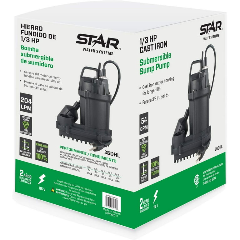 Star 3SDHL Cast Iron 1/3 HP Submersible Sump Pump with Tethered Float Switch, Passes 3/8 inch Solids, 54 GPM