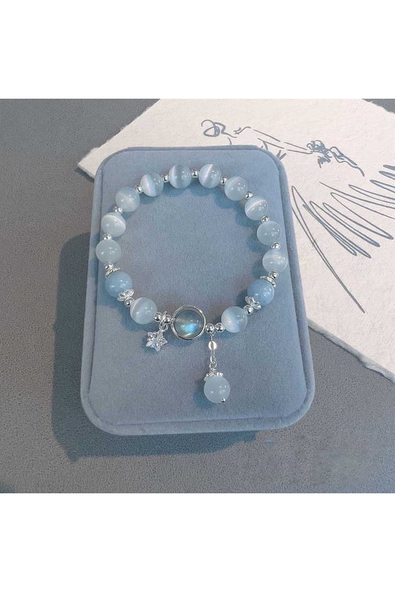 Star Alloy & Natural Aquamarine & Moonstone Round Beaded Charm Bracelets Platinum 7-1/8~8-5/8 inch(18~22cm)