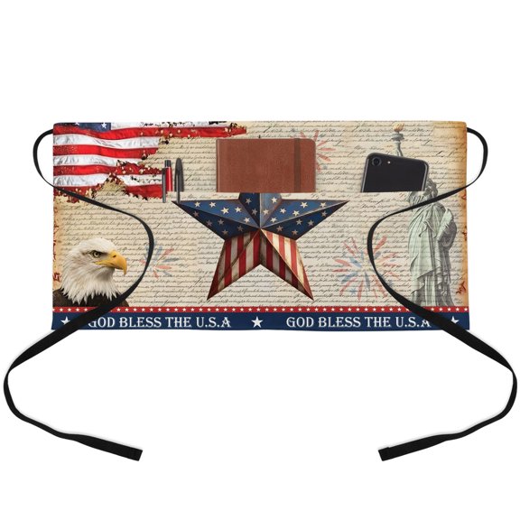 Star American Flag Waitress Apron with 3 Pockets, Vintage Eagle USA Flag Statue of Liberty Server Aprons Waterproof Kitchen Restaurant Half Waist Apron for Men Women