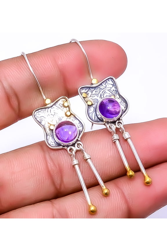 Star Amethyst - Brazil 925 Sterling Silver Two Tone Earring 2.34" E_9284_118_9