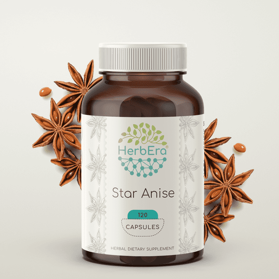 HerbEra Star Anise Capsules, Herbal Dietary Supplement for Digestive Support, Star Anise (Illicium verum) Dried Seed Capsules, Natural, 120 Capsules