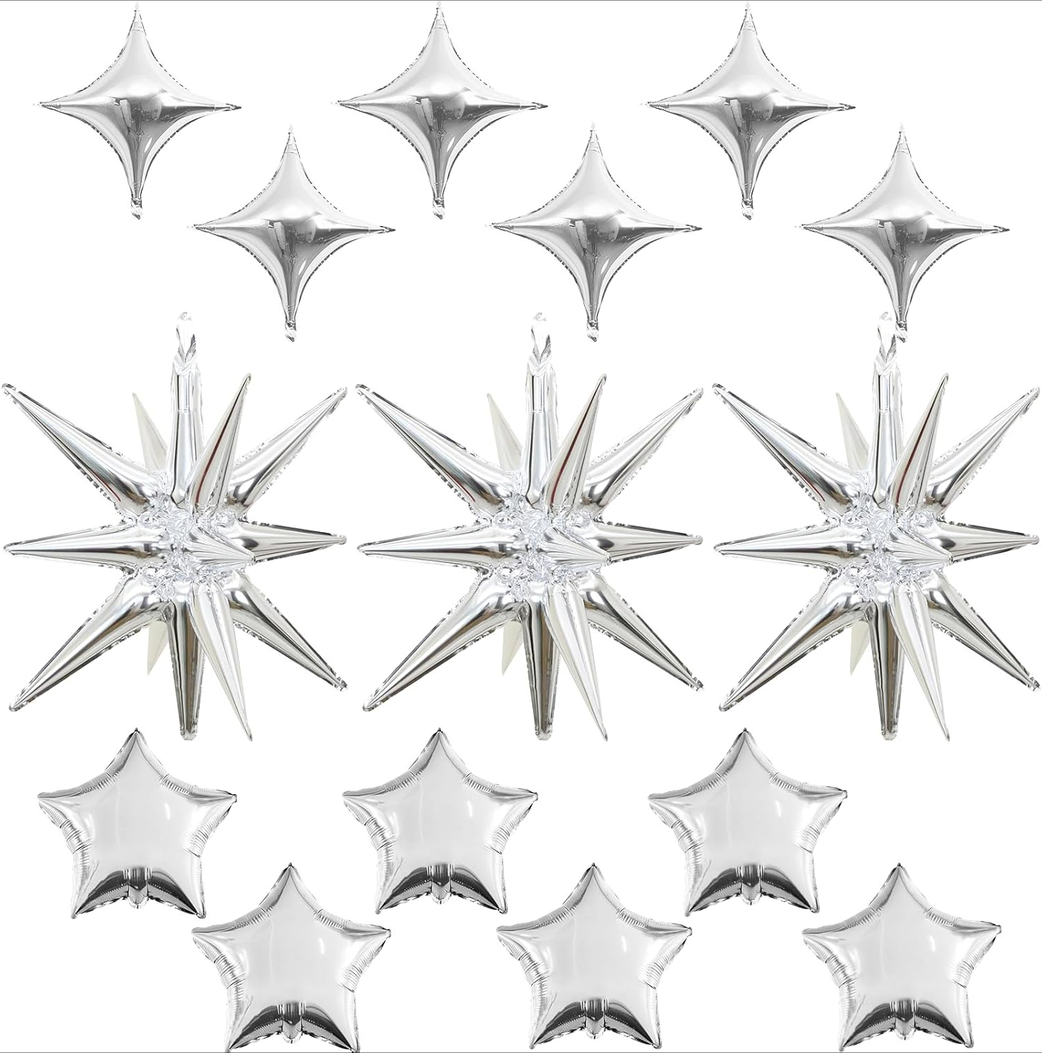 Blue Silver Star Balloons Pack – 15 Foil Balloons (22” Large Star, 10” 4 & 5-Point Stars), Space Themed Party Decor