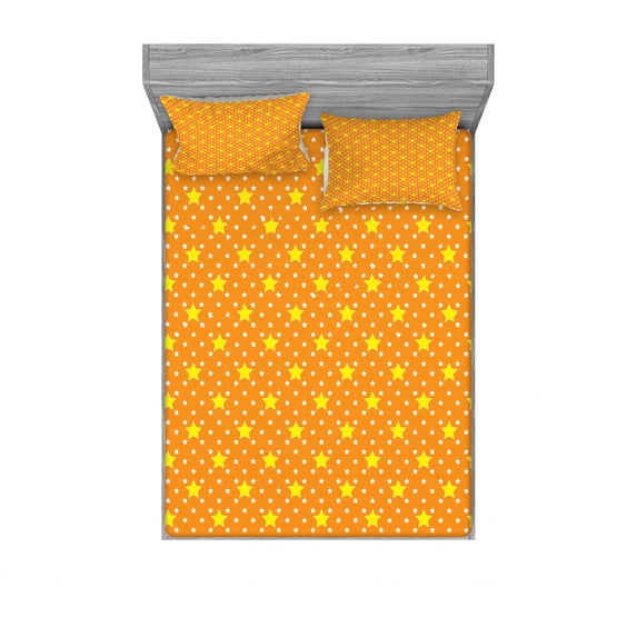 Star Bedding Set with Sheet & Covers, Small Large Star Pattern in Vivid Color Starry Night Sky Polka Dot Ornament Print, Printed Bedroom Decor 2 Shams, 4 Sizes, Yellow Orange, by Ambesonne
