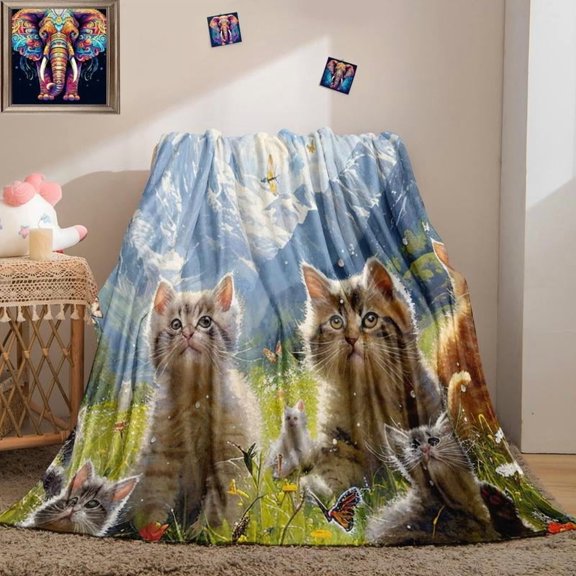 Star Blanket for Kids Girls Boys  Star and Cat Print for Bed Soft Blanket for Adults Warm for Couch, Blue