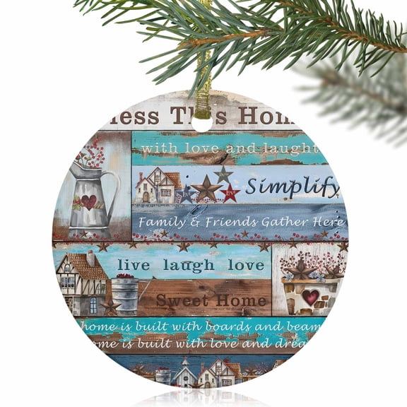 Star Bless This Home Star Christmas Ceramic Ornament 2025,3" Round Xmas Tree Hanging Accessories with Gold Ribbon