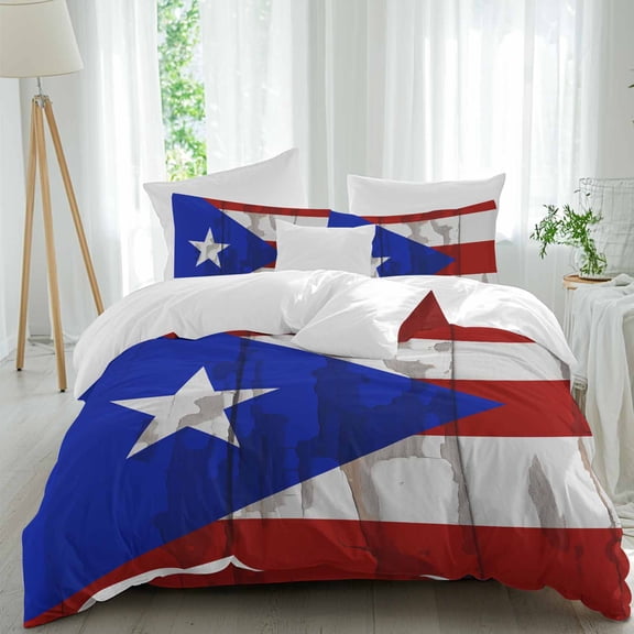 Star Blue Triangle Queen Size Comforter Set, Red White Striped Puerto Flag Vintage Bedding for All Seasons, 4 Pcs Bed Set, 1Quiltcover (90"x92") ,1Sheet(94"x116"), 2Pillowcases (30"x20")