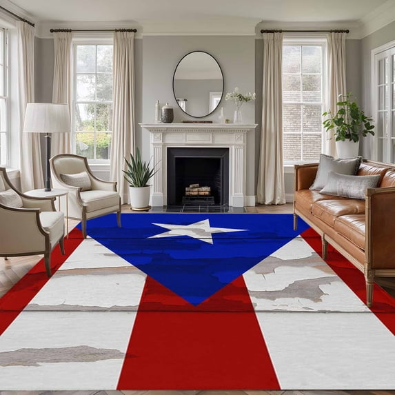 Star Blue Triangle Washable Area Rug 5 x 7 ft Red White Striped Puerto Flag Vintage, Soft Non Slip Rugs Stain Repellent Indoor Felt Carpet for Living Dining Room Bedroom Home Office
