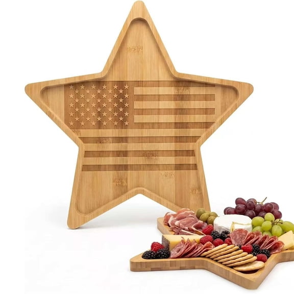 Star Board 11.8 Inch Wooden Five Pointed Star Serving Tray with Flag Pattern, 4th of July Serving Dishes, Decorative Platter for Fruit, Snack, Charcuterie and Serving Trays for Party Use