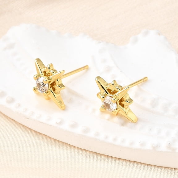 Star Brass Micro Pave Cubic Zirconia Stud Earrings Lead Free Cadmium Free Rack Plating Long-Lasting Plated Real 18K Gold Plated White 12x10mm