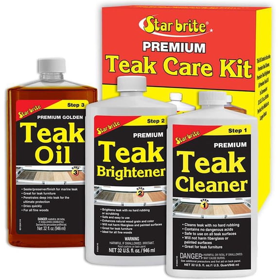 STAR BRITE Teak Kit - Restore Decks, Patio, Outdoor Furniture, Boats & Fine Wood - Marine Grade Teak Cleaner & Brightener Set With Premium Golden Teak Oil Finish - Renew, Refinish & Protect