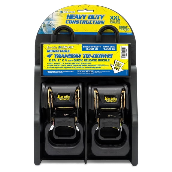 Star Brite Heavy-Duty Retractable Transom Tie Downs For Boat Trailers - 2in x 4ft - 2-Pack