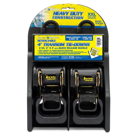 Star Brite Heavy-Duty Retractable Transom Tie Downs For Boat Trailers - 2in x 4ft - 2-Pack