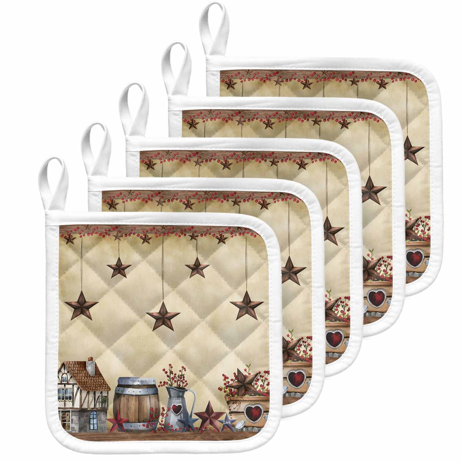Star Brown Pot Holders for Kitchen Heatproof Potholder, 5 Pack Farmhouse American Country Vintage Berry Hot Pads Multipurpose Oven Pads Cloth Potholders Trivet for Cooking Baking