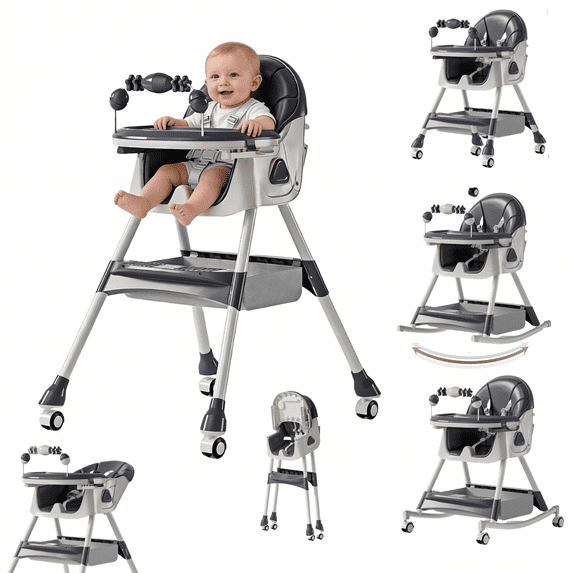 Star_Byul 6-in-1 Baby High Chair Convertible Baby Dining Chairs & Portable Baby Rocking Chairs with Double-Layer Tray and Toy Rack for 0-36 Months,Grey
