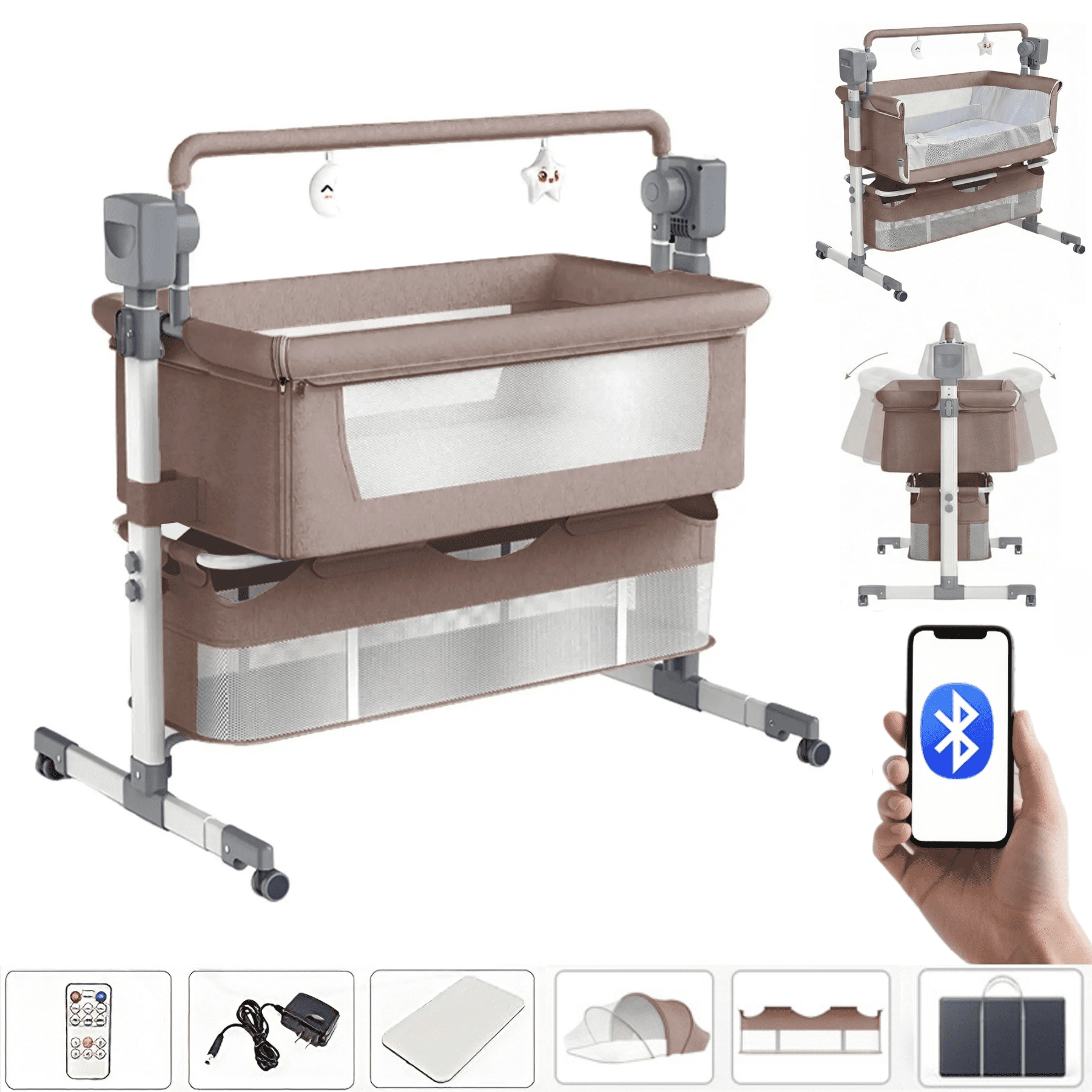 Star_Byul Automatic Baby Crib Convertible Bedside Sleeper with Bluetooth Music Speaker Baby Crib for Infants to Toddlers Unisex Beige