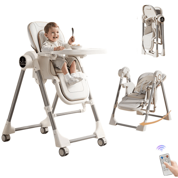 Star_Byul Automatic Baby High Chair Adjustable Dining Chairs with Remote Control, Wheels Unisex White