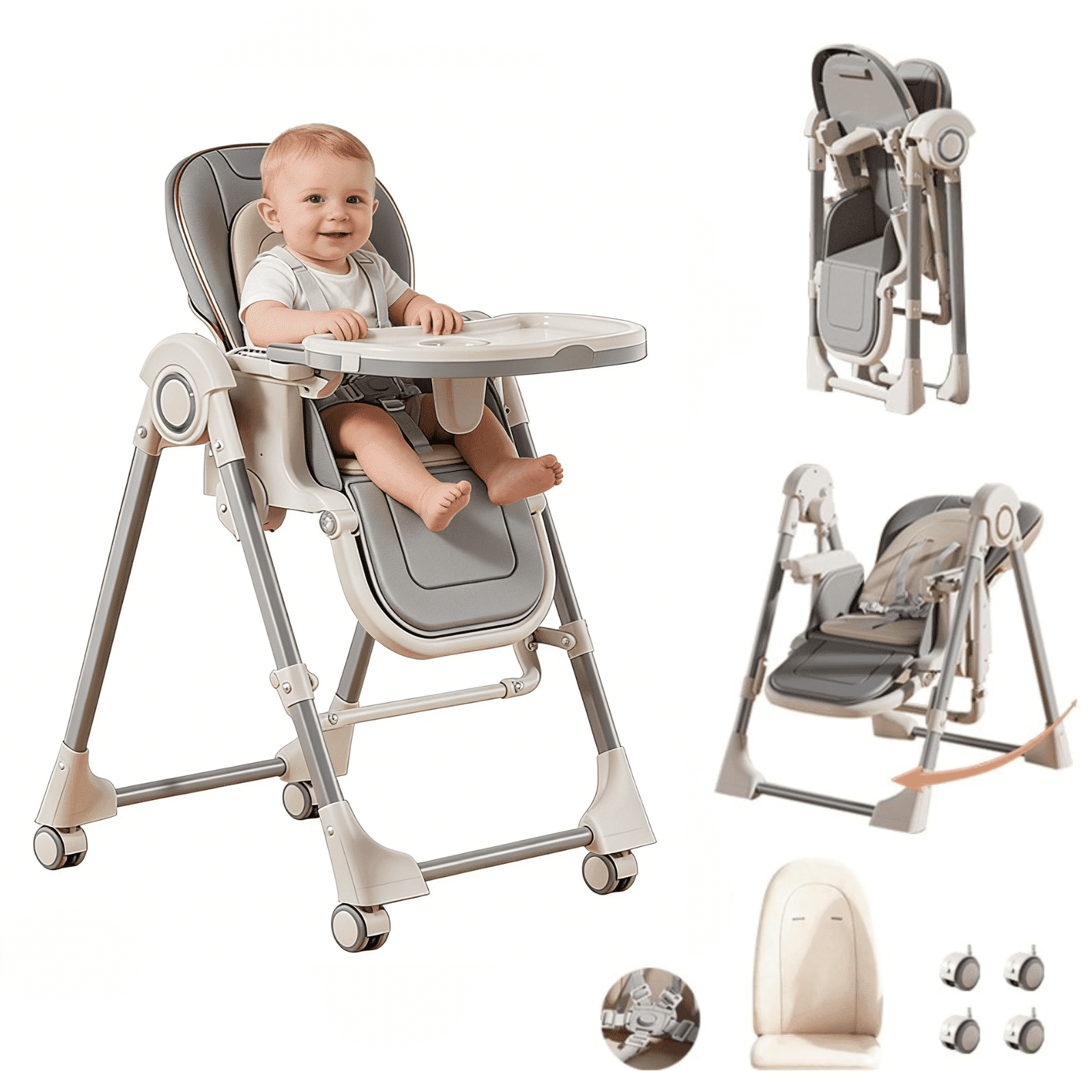 Star_Byul Baby High Chair Convertible Baby Dining Chair & Baby Swing with PU Leather,Universal Wheels,for Babies to Toddlers,Unisex,GREY
