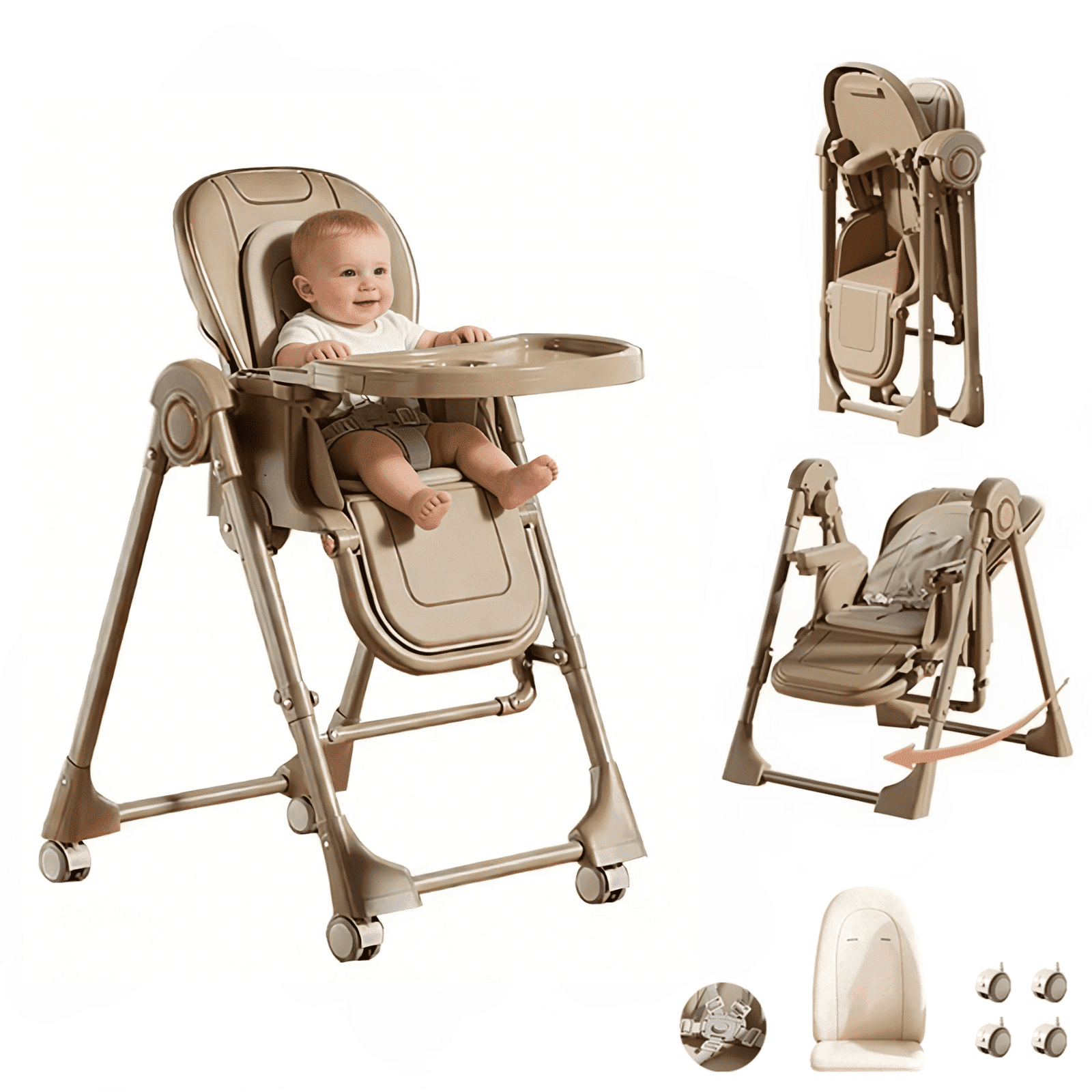Star_Byul Baby High Chair Foldable Baby Dining Chair with PU Leather,Universal Wheels,for Ages 0 to 4,Unisex,Beige