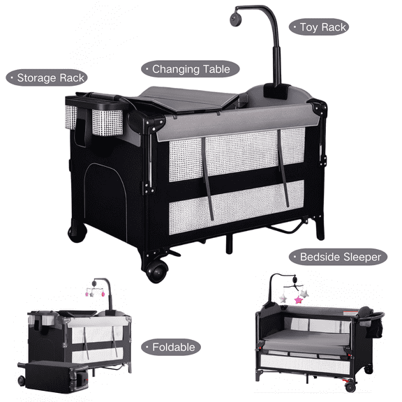 Star_Byul Baby Play Yard Foldable Nursery Center with Changing Table Bedside Sleeper for Newborn to Toddler, Unisex, Grey