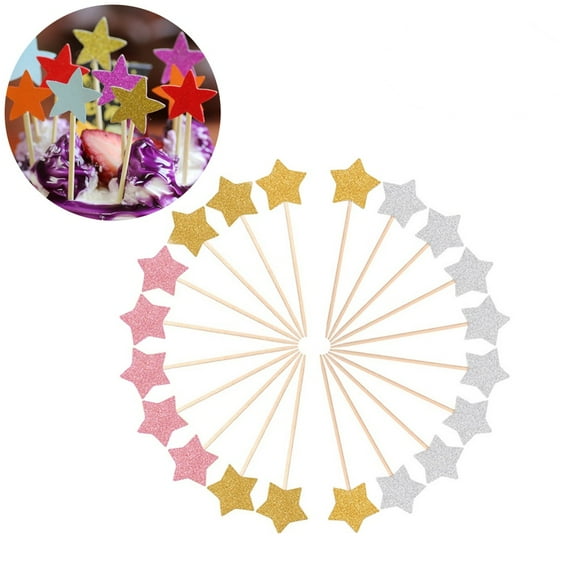 Star Cake Toppers, 54Pcs Glitter Paper Star Cake Toppers Twinkle Cake Decoration Party Ceremony Cupcake Toppers (Golden & Silver & Pink, 18Pcs Each Color)