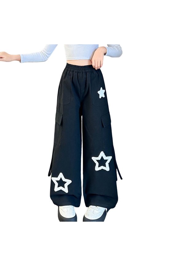 Star Cargo Baggy Pants for Girls Kids High Elastic Waist Embroidery Y2k Wide Leg Pull On Trousers with Pockets