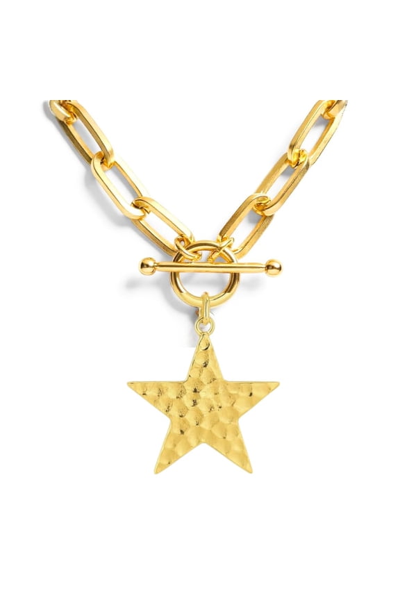 Star Charm Chunky Hammered Toggle Necklace for Women  18K Gold Plated Statement Chain Jewelry