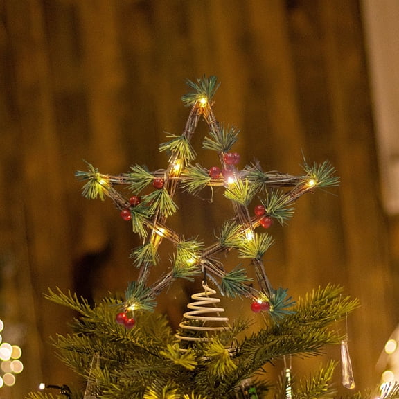 Star Christmas Tree Topper Decorations - Iron Christmas Tree Top Star with Warm LED Lights for Indoor Christmas Tree Decorations Holiday Seasonal Decor Rustic Farmhouse Xmas Treetop Decor