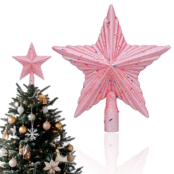 Star Christmas Tree Topper, Shatterproof Plastic Material with Glitter Finish, Reusable Xmas Tree Decoration for Holiday Parties and Home Use, Pink