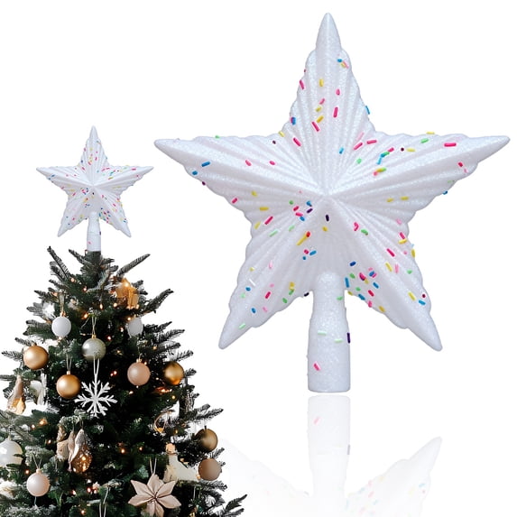 Star Christmas Tree Topper, Shatterproof Plastic Material with Glitter Finish, Reusable Xmas Tree Decoration for Holiday Parties and Home Use, White
