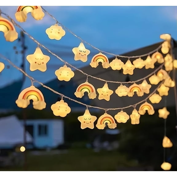 Star Cloud Rainbow Fairy Lights 9.8FT 20 LED Lights with Battery Operated Warm White Fairy String Lights for Holiday Party Bedroom Wedding Garden Decoration (Stars Clouds Rainbows, 9.8FT)