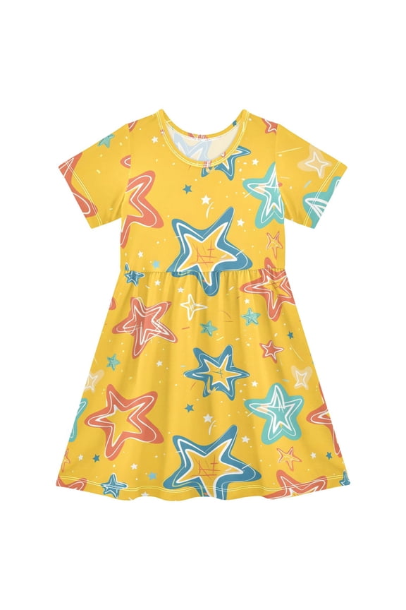 Star Colorful Pattern Girls Short Sleeve Dress A Line Sun Protection Breathable Comfort Sundress 3T