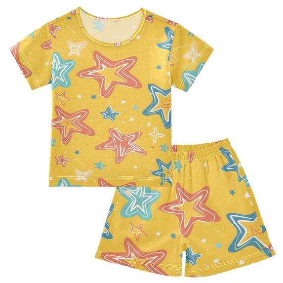Star Colorful Pattern Summer Pajama Set Soft Cotton Short Sleeve Sleepwear 2PCS Pajama Sets Breathable Lounge Set Size 14Y