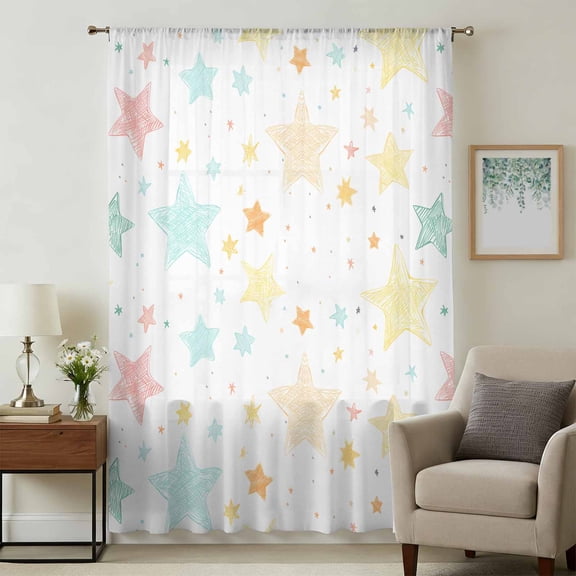 Star Colorful Sheer Curtains 45 Inches Long, Watercolor Polka Dots Light Filering Curtains, Breathable Simi Curtain Privacy Drapes for Kitchen Bathroom Lightweight Small Window Treatment