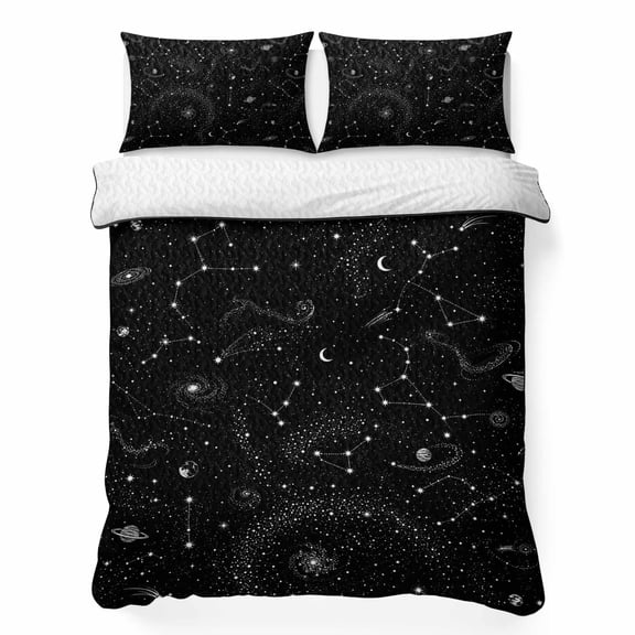 Star Constellation 3 Piece Quilt Bedding Set with 2 Pillow Shams, Modern Black White Crescent Moon Galaxy Planet Lightweight Bedspread Coverlet, Soft Breathable All Season Quilt, 96 x 106 Inch