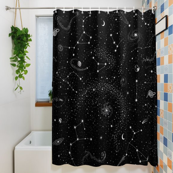Star Constellation Shower Curtain for Bathroom Decor, Modern Black White Crescent Moon Galaxy Planet Waterproof Fabric Shower Curtain, 72"x96" Set with 12 Hooks