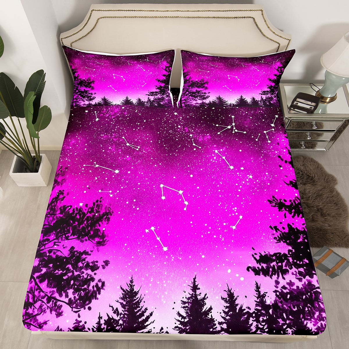 Star Constellation Twin Fitted Sheet,Pink Purple Galaxy Bedding Set ...