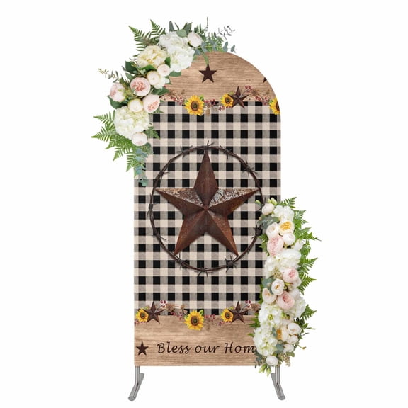 Star Country Arch Backdrop Cover 5FT, Farmhouse Sunflower Texas Retro Checkered Spandex Fitted Stretchy Arch Stand Covers, Round Top Chiara Backdrop Cover for Wedding Party Birthday Baby Shower