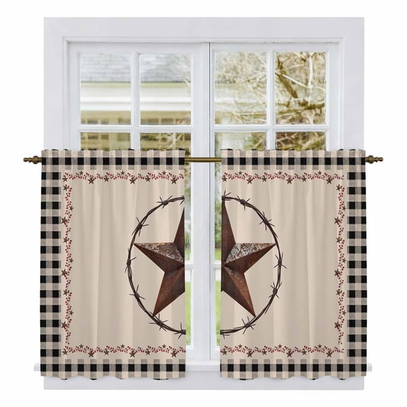 Star Country Kitchen Curtains, Western Texas Farm Black Plaid Brown Berry Light Filtering Window Curtain Panels, 2Pcs Rod Pocket Window Treatments Set for Cabin Bathroom Bedroom 52x45 Inches