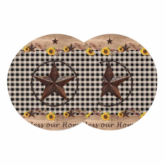 Star Country Round 13 Inch Placemats Set of 2, Farmhouse Sunflower Texas Retro Checkered HeatResistant Non Slip Place Mats for Dining Table, Wipeable Braided Kitchen Table Mats for Housewarming