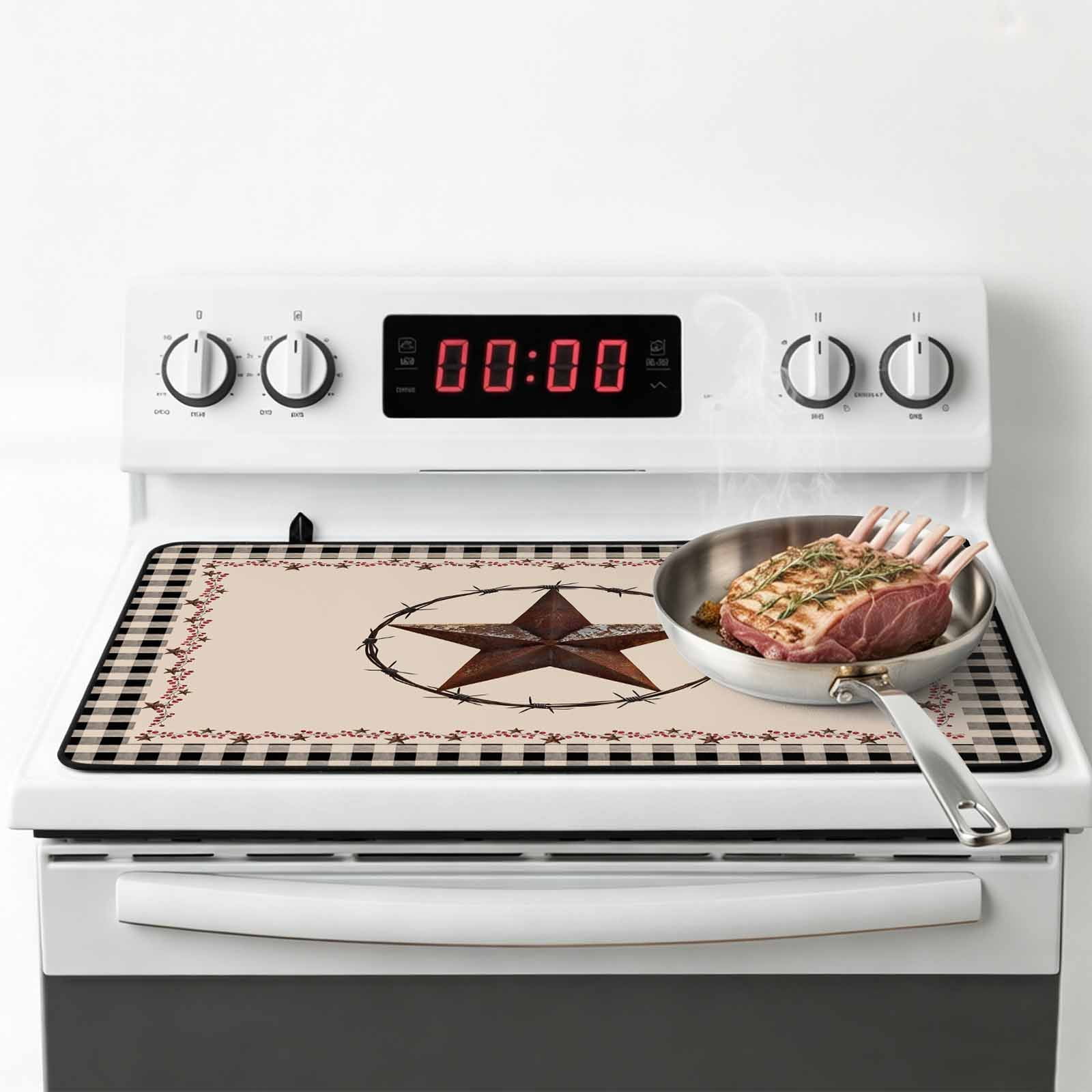 Star Country Stove Top Cover for Electric Stove, Heat-proof & Non Slip Glass Top Stove Cover Protector, Western Texas Farm Black Plaid Brown Berry Kitchen Flat Cooktop Rubber Mat 24x21 Inches