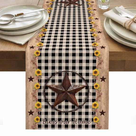Star Country Table Runner - 120 Inch Long, Kitchen Dining Table Runner Dresser Scarves, Farmhouse Sunflower Texas Retro Checkered Farmhouse Decor for Coffee Tables Wedding Party Banquet