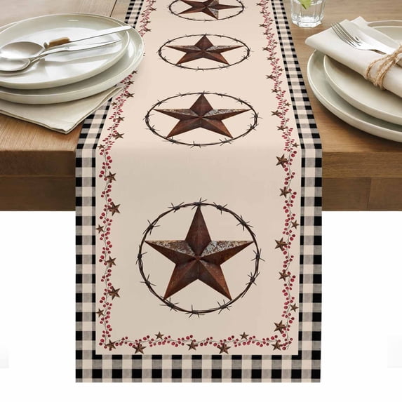 Star Country Table Runner - 70 Inch Long, Kitchen Dining Table Runner Dresser Scarves, Western Texas Farm Black Plaid Brown Berry Farmhouse Decor for Coffee Tables Wedding Party Banquet