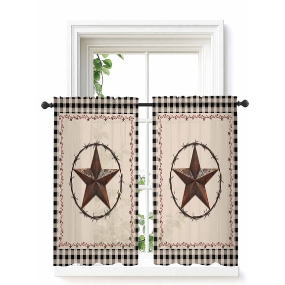 Star Country Tier Curtains 45 Inch Length,Sheer Curtains for Bedroom Living Room Window Western Texas Farm Black Plaid Brown Berry Small Half Window Kitchen Curtains & Drapes 27.5"x45" 2 Panels