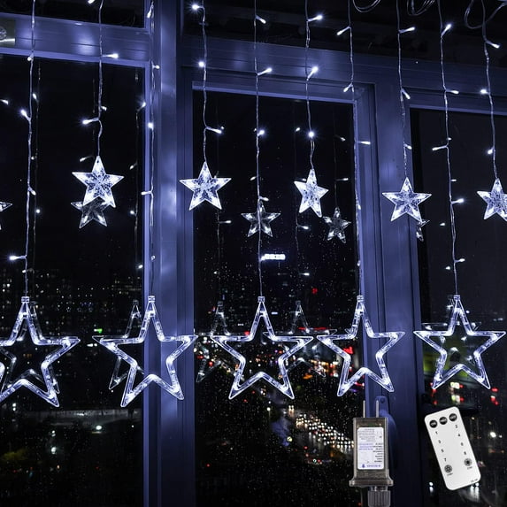 Star Curtain Lights 138 LED 12 Star Multicolor Christmas Lights 8.2 Ft Connectable Window Lights with Remote Plug in Curtain String Lights for Christmas Ramadan Bedroom Indoor Outdoor Decor