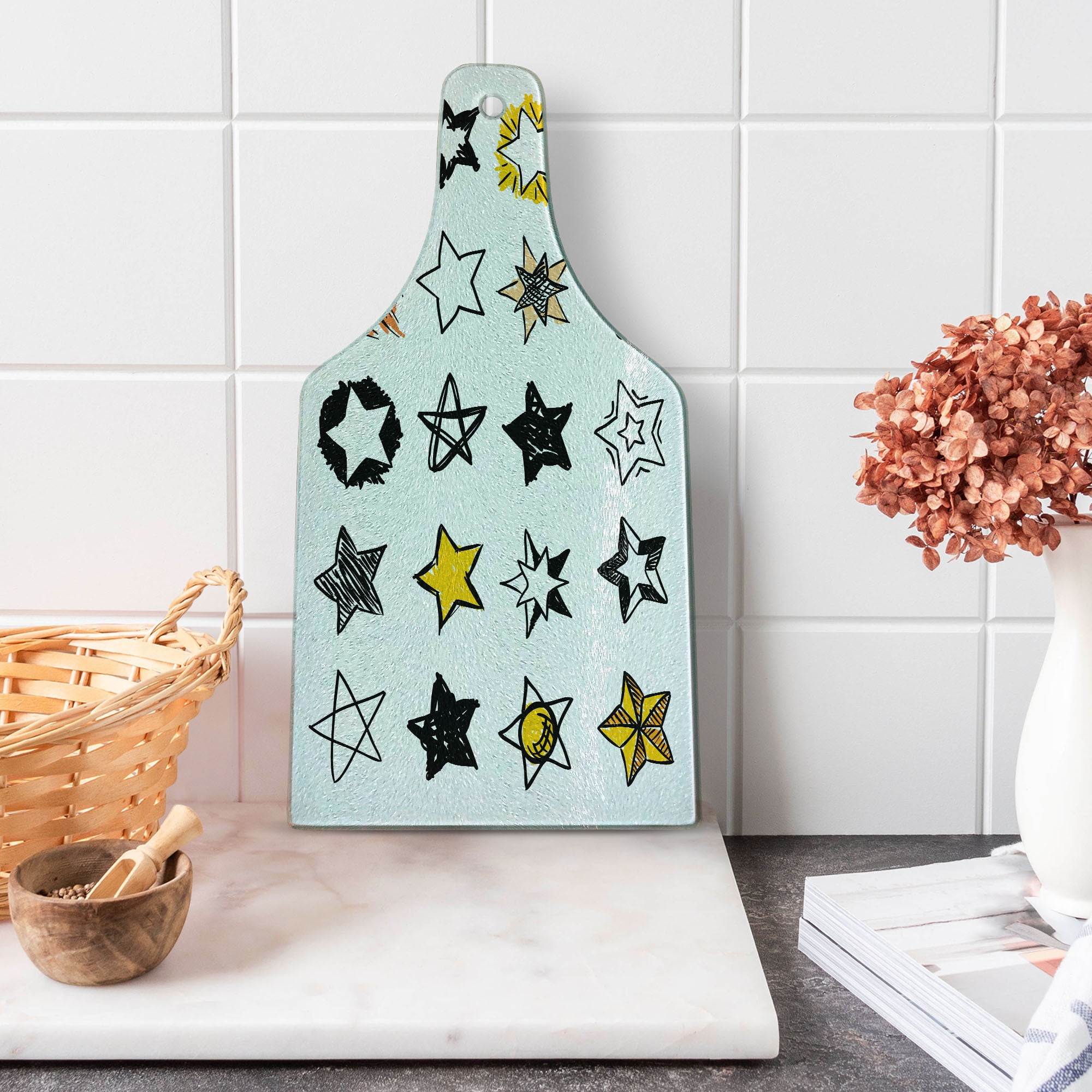 Star Pattern Yellow and White Tempered Glass Cutting Board