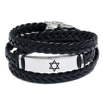 Star of Daivd Braided Wrap Leather Bracelet, Religious Israeli Jewish Faith Symbolic Magen David Star Bangle Men's Israel Jerusalem Biker Jewelry, Silver