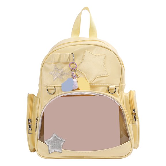 Star Decor PU Tote Backpack, Harajuku Pin Collector Rucksack with Clear Window, Durable Bag for Daily Outings, 17.32 Inch (Yellow)